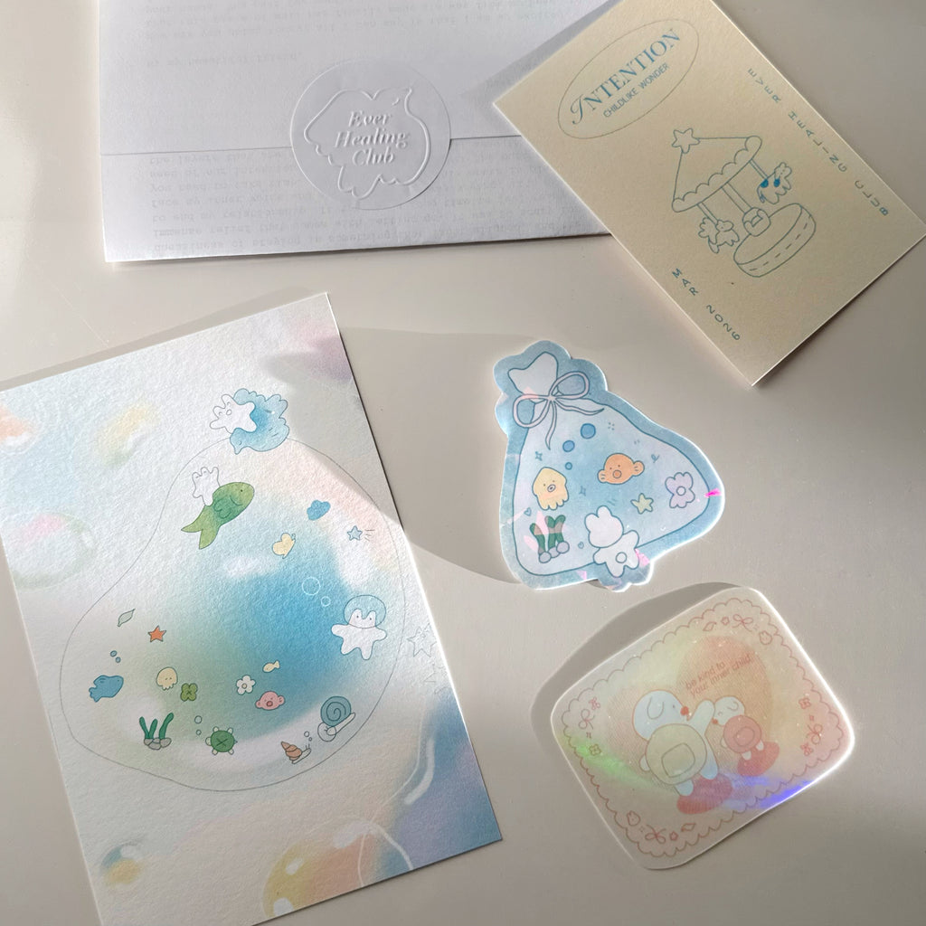 Set of decorative stickers and cards on a light surface. Snail Mail