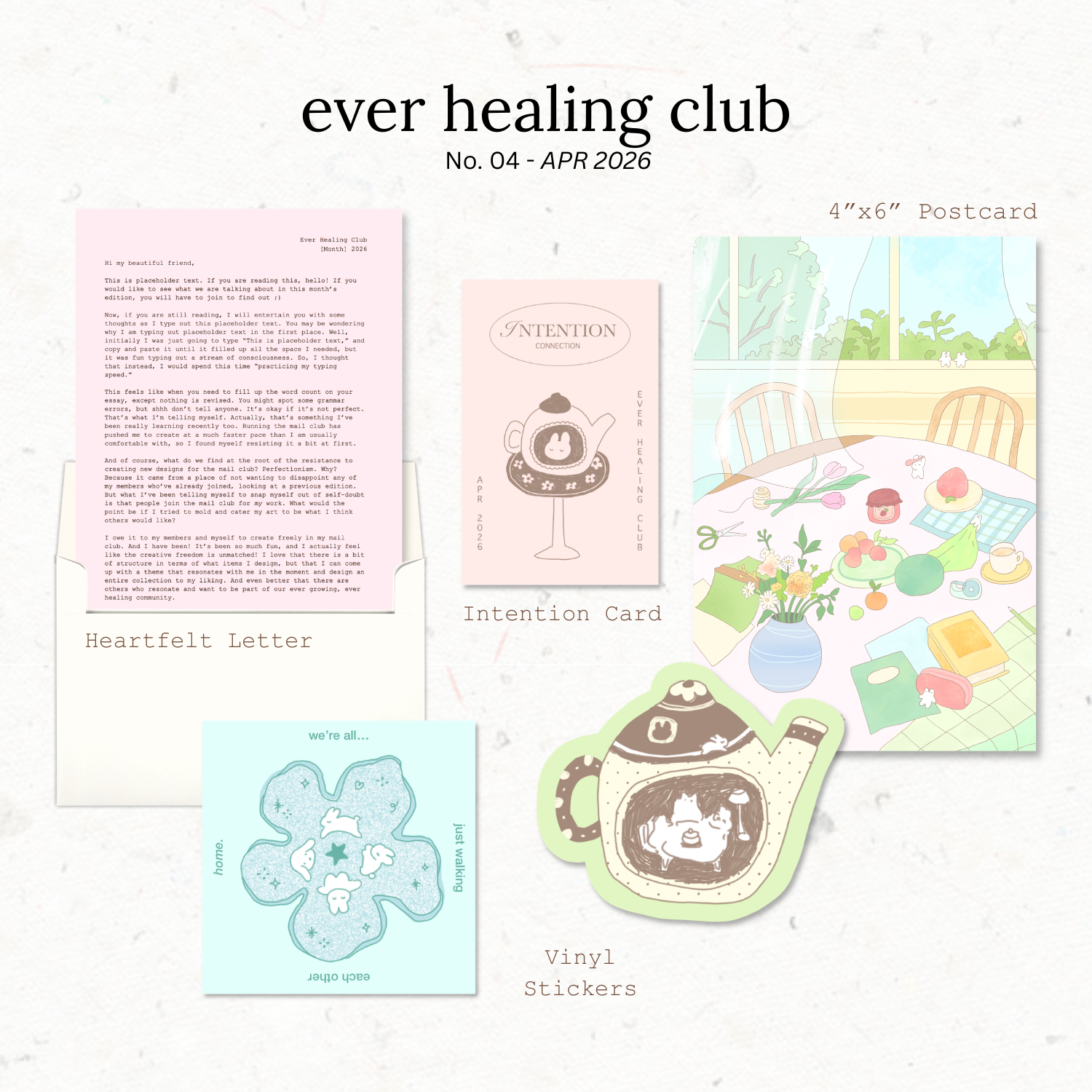 Collection of stationery items including a letter, intention card, and vinyl stickers with 'ever healing club' branding. Snail Mail