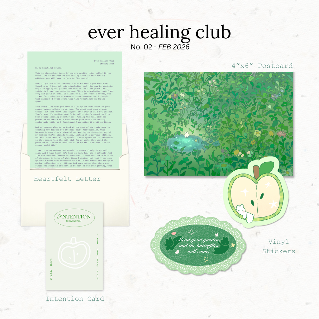 Collection of green-themed products including a letter, postcard, stickers, and card with 'ever healing club' branding. Snail Mail