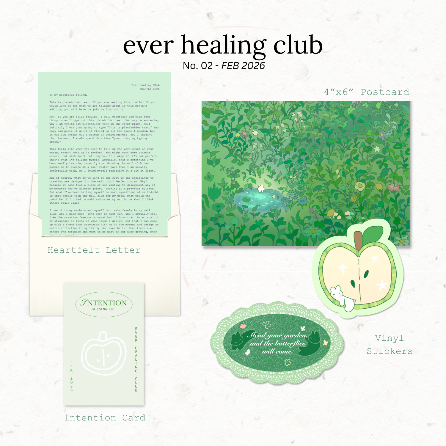 Collection of green-themed products including a letter, postcard, stickers, and card with 'ever healing club' branding. Snail Mail