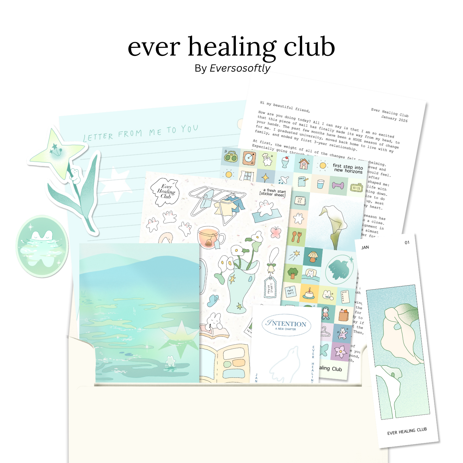 Collection of stationery items from "Ever Healing Club" by Eversosoftly, including a postcard, letter, intention card, and vinyl stickers. Signature
