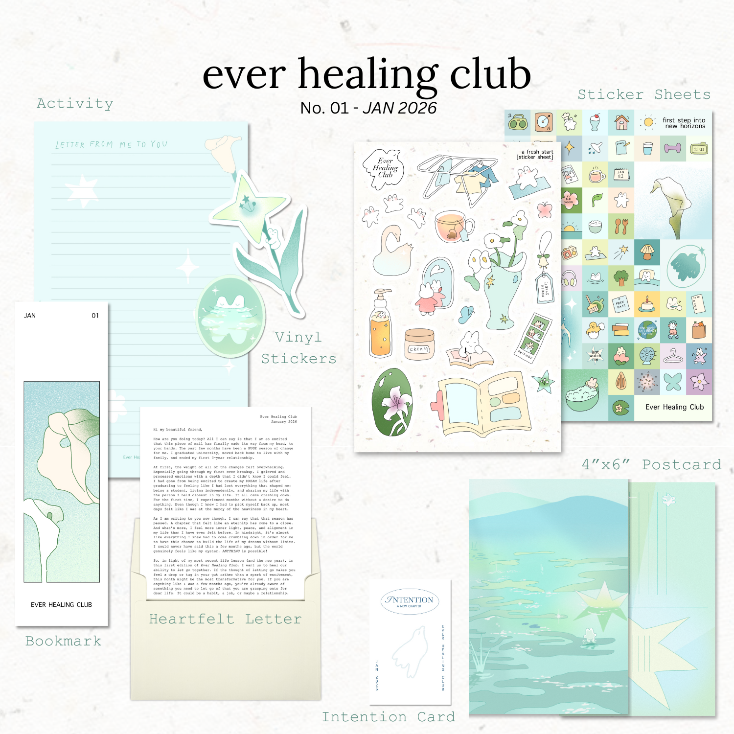 Collection of items from the ever healing club including sticker sheets, a postcard, and a letter. Signature
