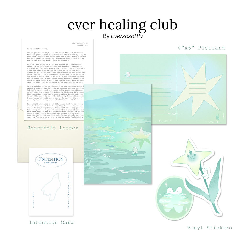 Collection of stationery items from "Ever Healing Club" by Eversosoftly, including a postcard, letter, intention card, and vinyl stickers. Snail Mail