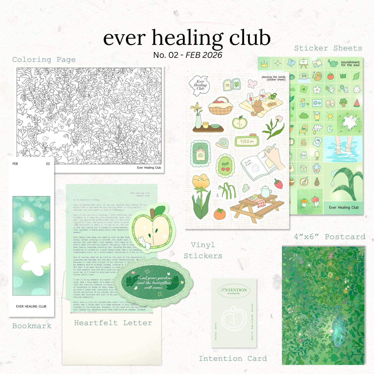 Collection of products from the 'ever healing club' including coloring pages, stickers, a postcard, and a letter. Signature