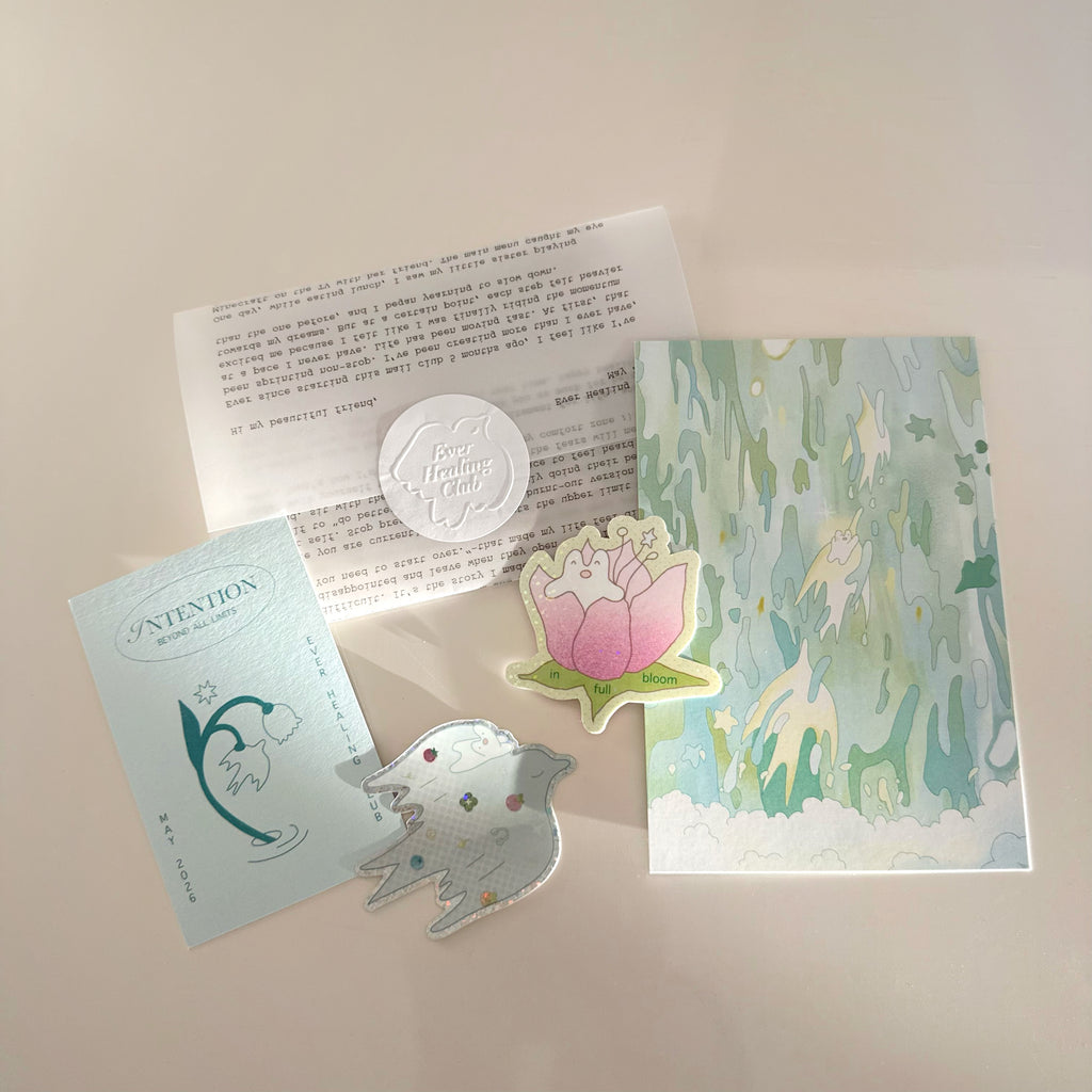 Collection of items from ever healing club including a letter, intention card, postcard, and vinyl stickers on a light background. Snail Mail