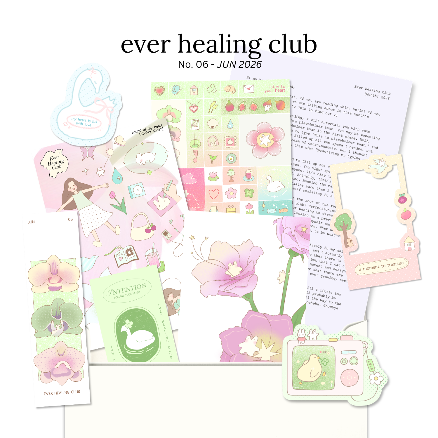 Collection of stationery items with 'ever healing club' branding on a white background. Signature