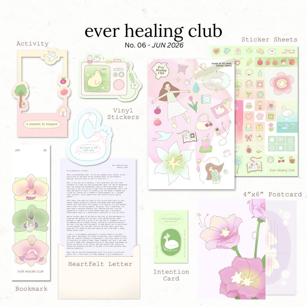 Collection of items from the ever healing club including stickers, a postcard, and a letter. Signature