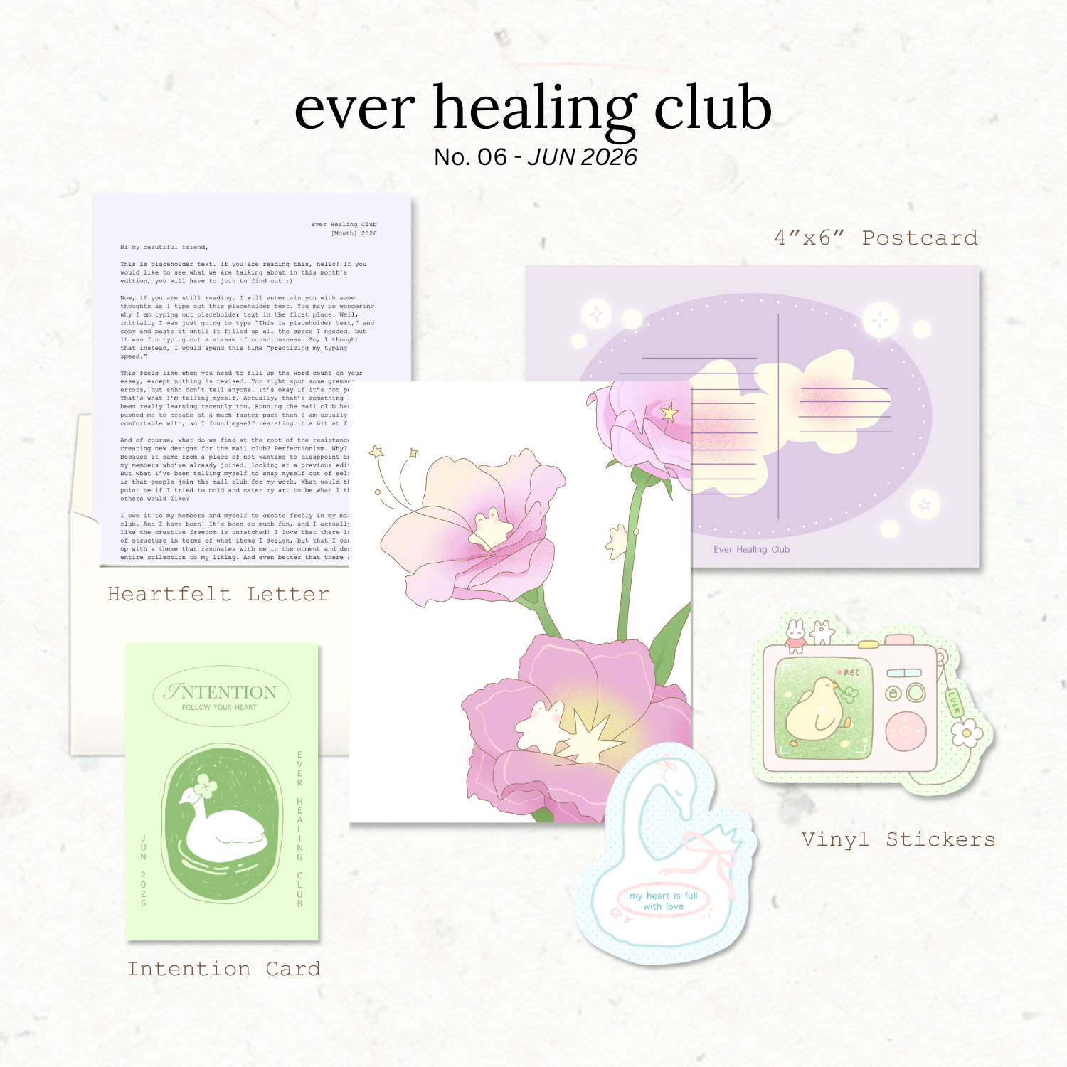 Collection of stationery items including a postcard, letter, intention card, and vinyl stickers with 'ever healing club' branding. Snail Mail