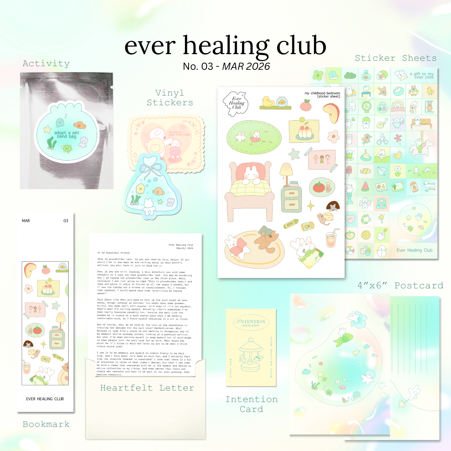 Detailed image of 'ever healing club' products including stickers, a postcard, and a letter. Signature
