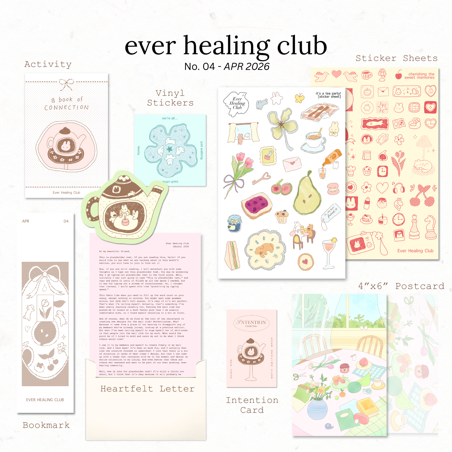 Collection of items from the ever healing club including stickers, a postcard, and a letter. Signature