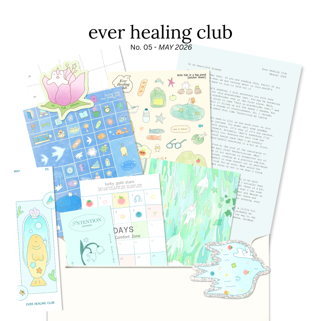 Collection of colorful printed materials with 'ever healing club' branding on a white background.
