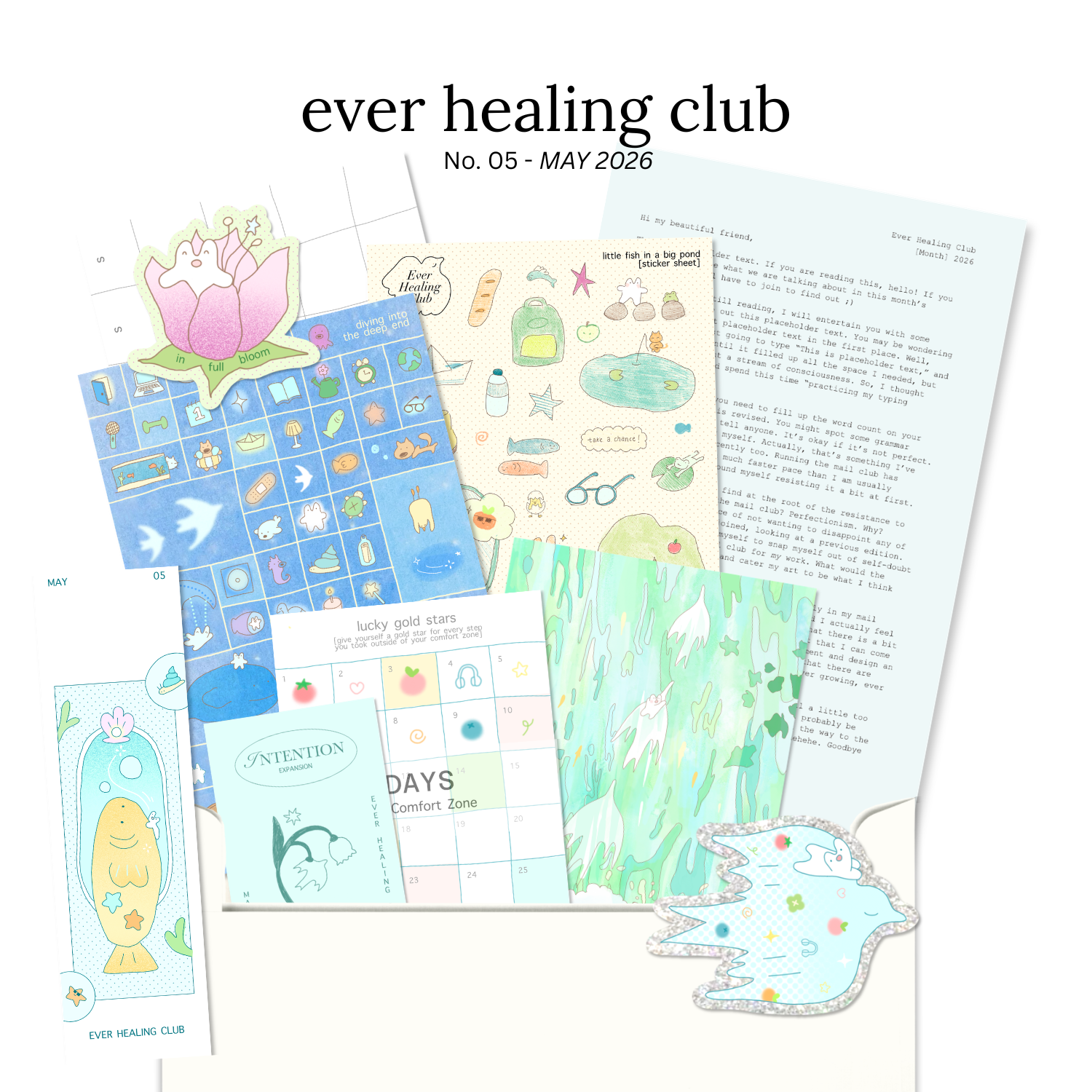 Collection of colorful printed materials with 'ever healing club' branding on a white background.