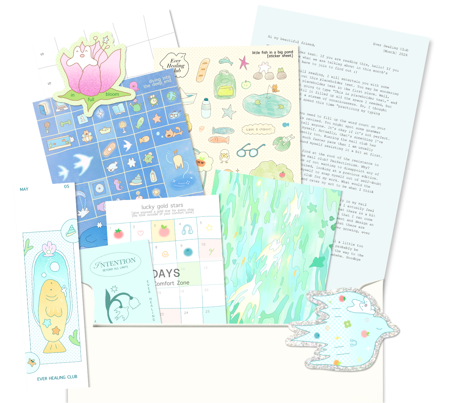 Collection of colorful stickers and paper with various designs on a white background