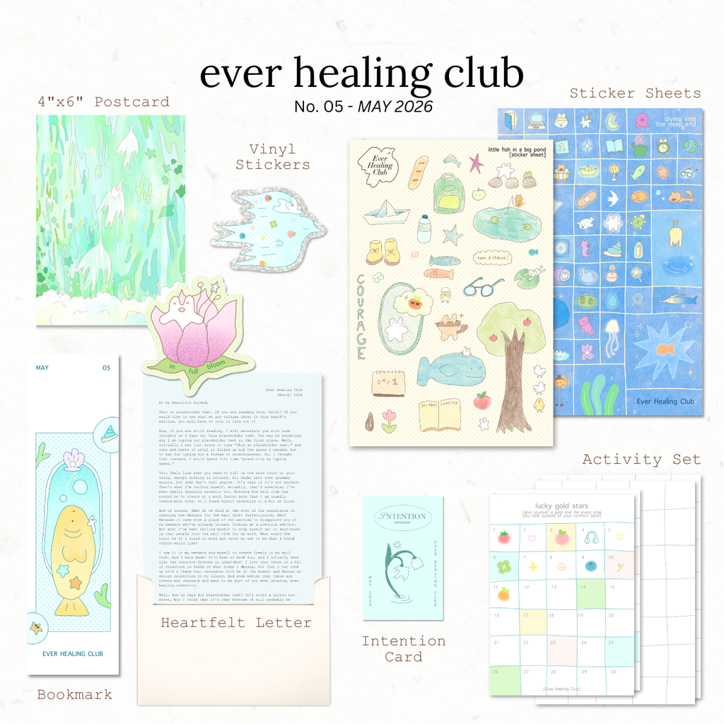 Collection of items from the ever healing club including a postcard, stickers, a bookmark, and activity sheets. Signature