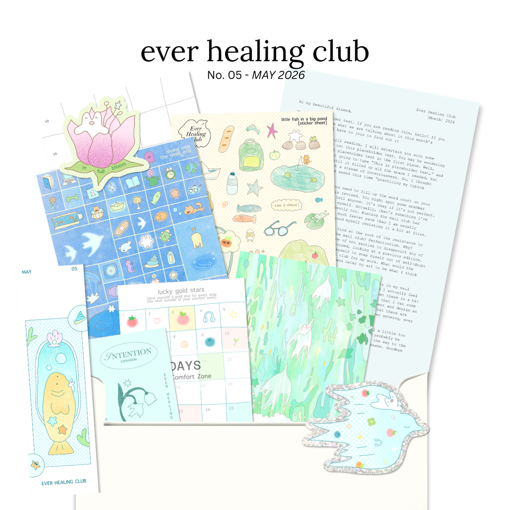 Collection of colorful printables with 'ever healing club' branding on a white background. Signature