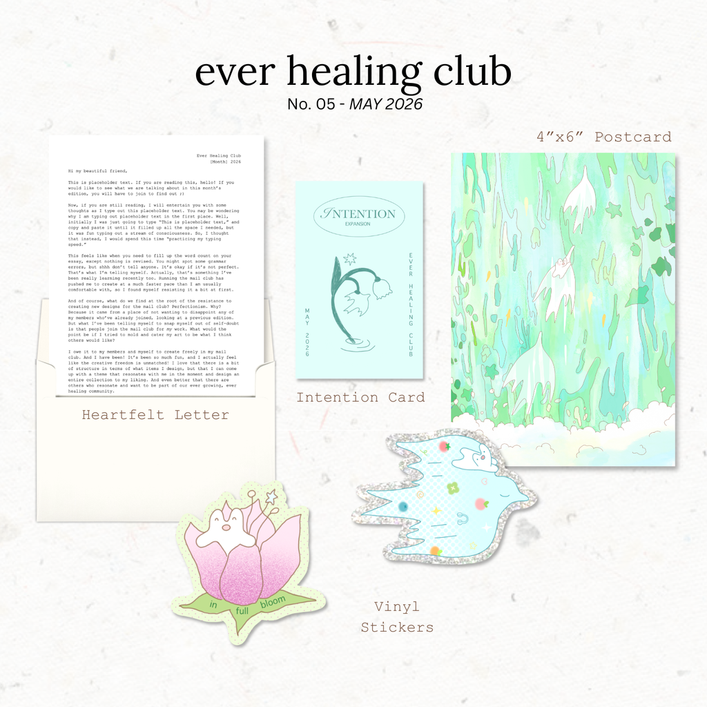 Collection of 'ever healing club' products including a letter, intention card, postcard, and vinyl stickers on a light background. Snail Mail