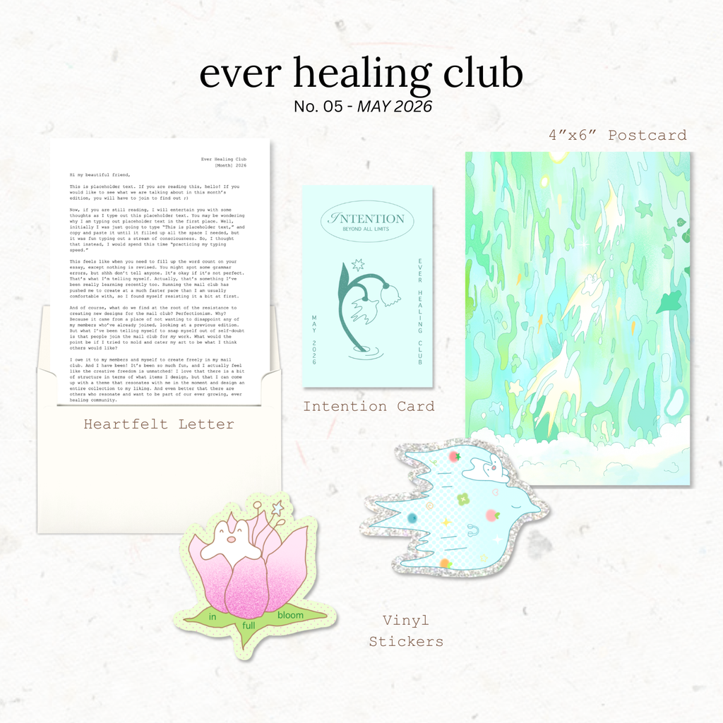 Collection of items from ever healing club including a letter, intention card, postcard, and vinyl stickers on a light background. Snail Mail